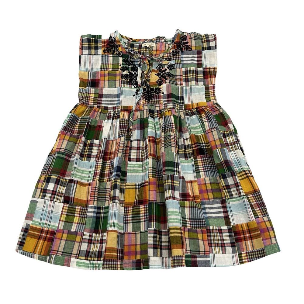 Kindom Madras Patchwork Embroidered Dress Size M Multicolor Pockets Cottagecore